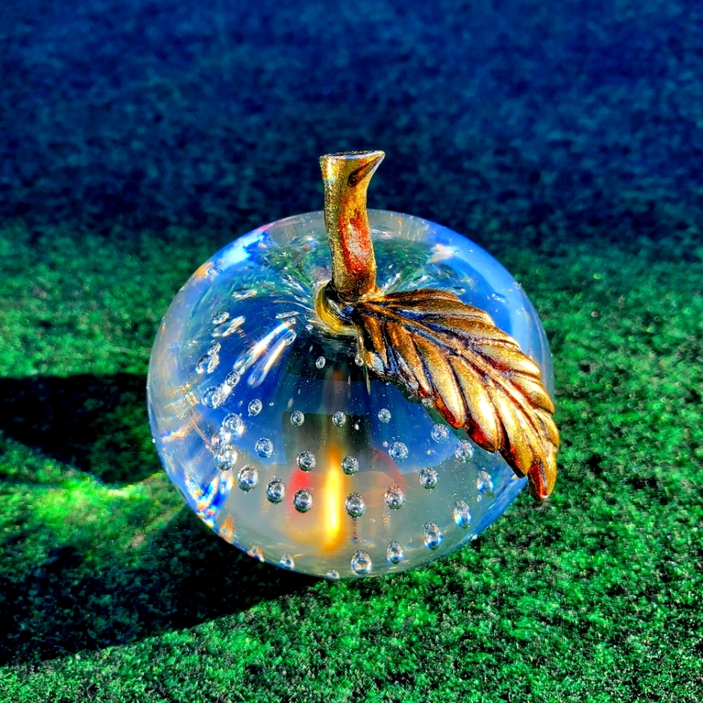 Vintage Clear Glass Apple Paperweight Bullicante w/ Brass Stem and Leaf